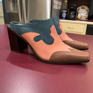 Jeffrey Campbell size 8 Teal and Pink Block Heel Mules
